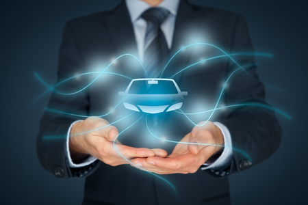 Car (automobile) insurance and car services concept. Businessman with offering gesture and icon of car.の写真素材