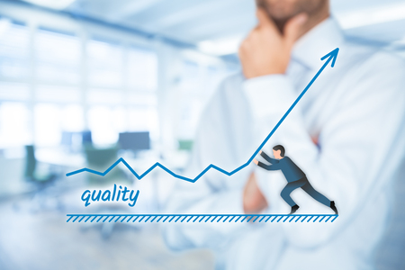Improve quality concept. Manager (businessman, coach, leadership) want to improve product quality.の写真素材