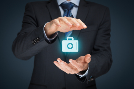 Medical (health) and life insurance concept. Insurance agent with protective gesture and icon of nurse briefcase.の写真素材