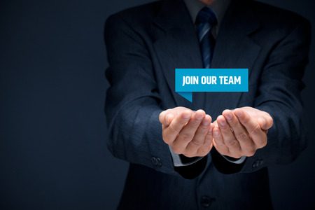 Headhunter (recruiter) hold virtual label with text join our team - human resources concept.の写真素材