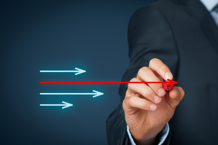 Market leader, benchmarking and another success business themes. Businessman draw one arrow bigger than another.の写真素材