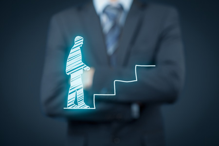 Personal development, personal and career growth, success, progress, and potential concepts. Coach (human resources officer, supervisor) think about employee career growth.の写真素材