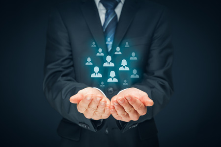 Customer care, care for employees, human resources, employment agency and marketing segmentation concepts. Leader manage his team. Central composition.の写真素材