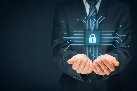 Information technology devices security concept. Businessman offer IT security service - button with padlock icon in simplified design of chip connected with abstract devices represented by points. Right composition.の写真素材