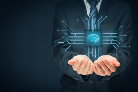 Artificial intelligence (AI), data mining, expert system software, genetic programming, machine learning, neural networks, nanotechnologies and another modern technologies concepts. Right composition.の写真素材