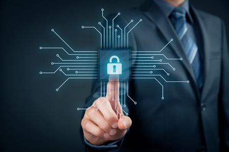 Information technology devices security concept. Businessman click on button in simplified design of chip, connected with abstract devices represented by points.の写真素材