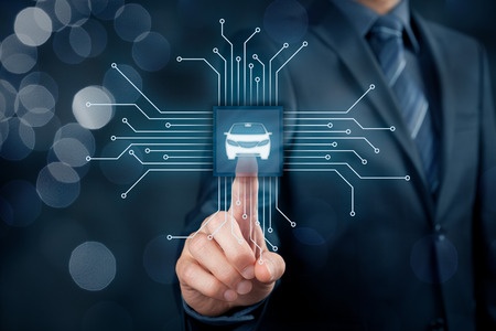 Intelligent car, intelligent vehicle and smart cars concept. Symbol of the car and wireless communication. Abstract chip with symbol of the car connected with abstract devices represented by points.の写真素材