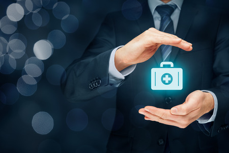 Medical (health) and life insurance concept. Insurance agent with protective gesture and icon of nurse briefcase.の写真素材
