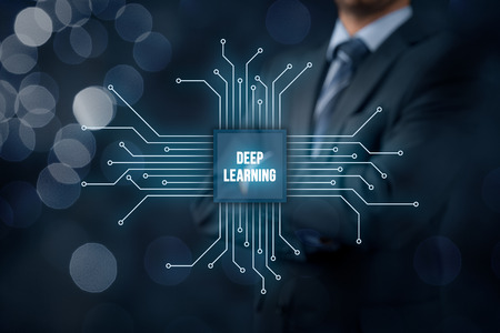 Deep structured learning and hierarchical learning - methods based on learning representations of data. Businessman or programmer with abstract symbol of a chip with text deep learning connected with data represented by points.の写真素材