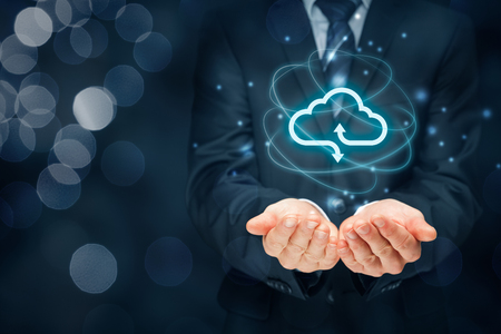 Cloud computing concept - connect to cloud. Businessman or information technologist with cloud computing icon.の写真素材