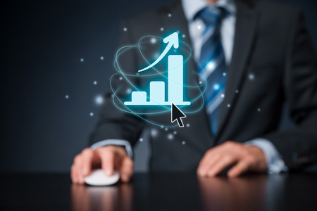Business growth analysis concept. Businessman plan growth and increase of positive indicators in his business.の写真素材
