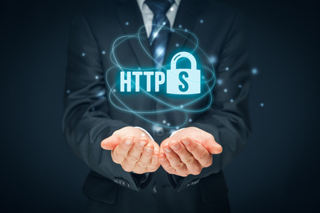 HTTPS - secured internet concept. Businessman or programmer offer https technology for www.の写真素材