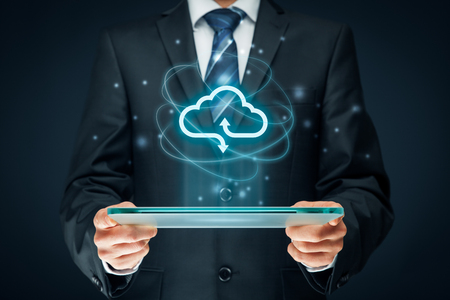 Cloud computing concept - connect to cloud. Businessman or information technologist with cloud computing icon.の写真素材