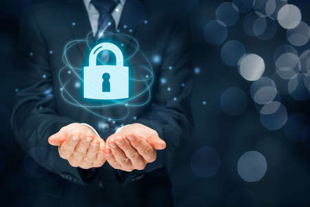 Security services, cybersecurity and protection concept. Login, sign in concepts. Businessman offer padlock, symbol of security.の写真素材