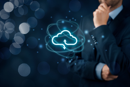 Cloud computing concept - connect to cloud. Businessman or information technologist with cloud computing icon.の写真素材