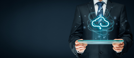 Cloud computing concept - connect to cloud. Businessman or information technologist with cloud computing icon.の写真素材