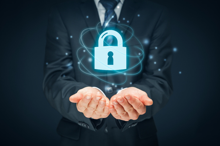 Security services, cybersecurity and protection concept. Login, sign in concepts. Businessman offer padlock, symbol of security.の写真素材