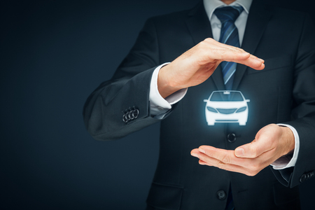 Car (automobile) insurance and collision damage waiver concepts. Insurer (insurance agent) with protective gesture and icon of a car.の写真素材