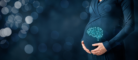 Artificial intelligence (AI) and cyborg born, genetic programming, neural networks, concepts. Pregnant woman with cyborg represented by brain in printed circuit board (PCB) design.の写真素材