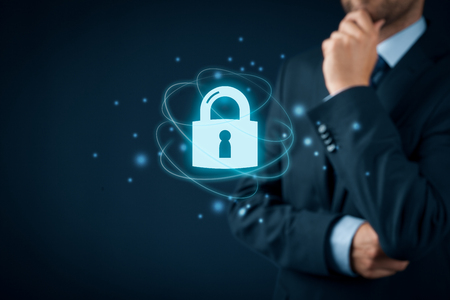 Businessman or IT specialist think about cybersecurity and information technology security services concept.の写真素材