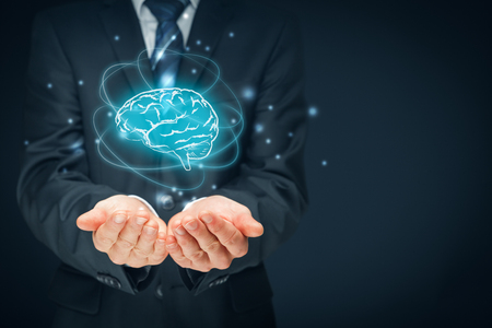 Artificial intelligence (AI), machine deep learning, creativity, headhunter, innovation and intellectual property rights. Brain representing artificial intelligence, creativity, innovation and similar with futuristic design.の写真素材