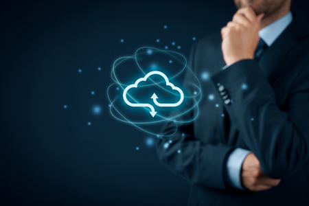 Cloud computing concept - connect to cloud. Businessman or information technologist with cloud computing icon.の写真素材