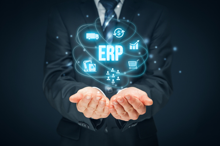 Enterprise resource planning ERP concept. Businessman offer ERP business management software for collect, store, manage and interpret business data about customers, HR, production, logistics, financials and marketing.の写真素材