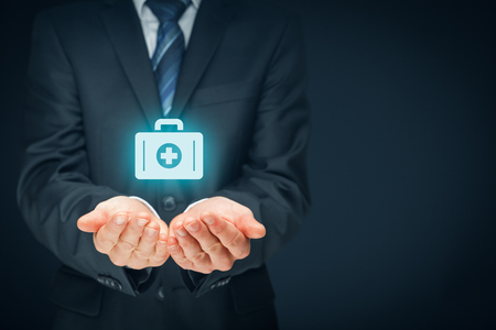 Medical (health) and life insurance concept. Insurance agent with protective gesture and icon of nurse briefcase. Left composition.の写真素材