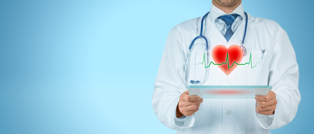 Healthcare and heart problems prevention (cardiology) concept. Cardiologist or general practitioner doctor and symbol of the heart and ECG heartbeat.の写真素材