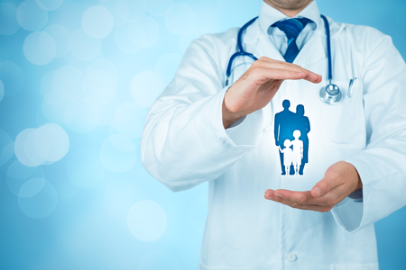 Health (medical) and life insurance for the whole family concept. Practitioner doctor with protective gesture and icon of family.の写真素材