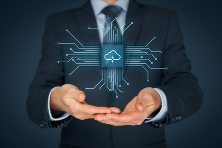 Cloud computing concept - connect devices to cloud. Businessman or information technologist with cloud computing icon.の写真素材