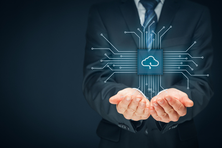 Cloud computing concept - connect devices to cloud. Businessman or information technologist with cloud computing icon.の写真素材