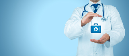 Health (medical) insurance concept. Doctor with protective gesture and icon of nurse briefcase.の写真素材