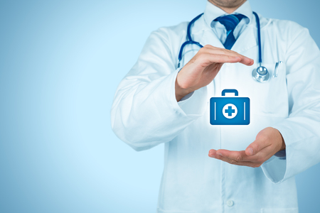 Health (medical) insurance concept. Doctor with protective gesture and icon of nurse briefcase.の写真素材