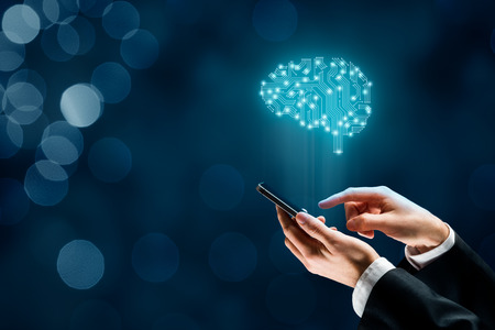 Artificial intelligence (AI), machine deep learning, data mining, and another modern computer technologies concepts. Brain with PCB design representing AI and businessman holding smart mobile phone.の写真素材