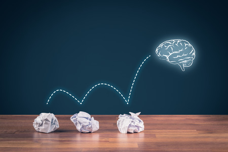 Creative process concept - from failed idea to successful idea (problem solution). Icon of the brain representing idea.の写真素材