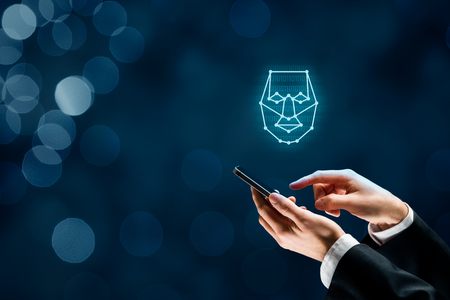Smartphone face detection concept. Facial recognition protection and security.の写真素材