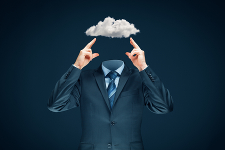 Sky is the limit - motivation concept. Head is in the clouds concept. Businessman has business vision and ideas and dream about success.の写真素材