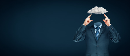 Sky is the limit - motivation concept. Head is in the clouds concept. Businessman has business vision and ideas and dream about success.の写真素材