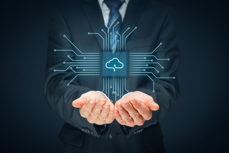 Cloud computing concept - connect devices to cloud. Businessman or information technologist with cloud computing icon.の写真素材