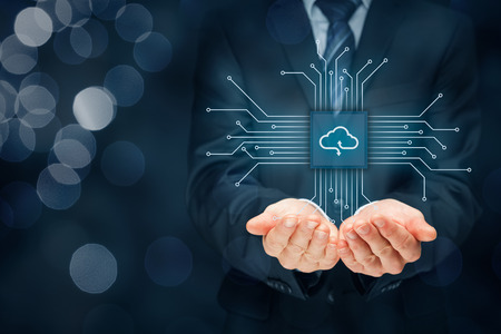 Cloud computing concept - connect devices to cloud. Businessman or information technologist with cloud computing icon.の写真素材