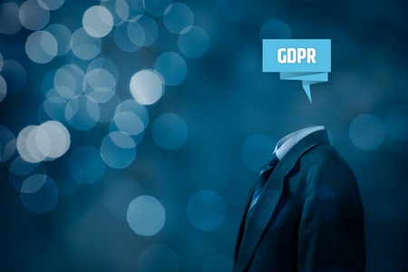 GDPR (general data protection regulation) concept. Businessman or IT technologist with abstract brain and text GDPR.の写真素材