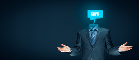 GDPR (general data protection regulation) concept. Businessman or IT technologist with abstract brain and text GDPR. Open gesture saying: it is easy to implement GDPR.の写真素材