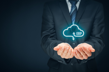 Enterprise resource planning ERP as cloud service concept. Businessman offer ERP business management software as cloud computing service.の写真素材