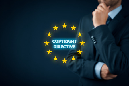 Copyright directive concept - EU protection of creative content. Politician think about new copyright directive.の写真素材