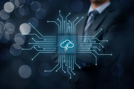Cloud computing concept - connect devices to cloud. Businessman or information technologist with cloud computing icon.の写真素材