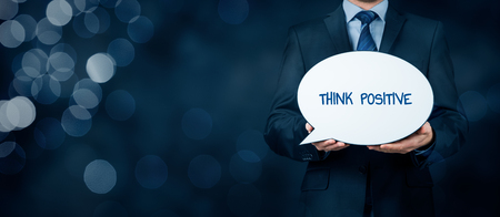 Coach motivate to think positive concept. Businessman with bubble propagate positive thinking.の写真素材