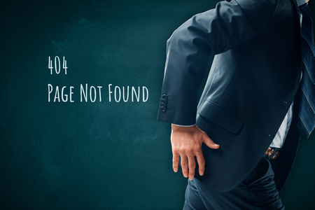 Http 404 error not found page template concept. Error page 404 message and businessperson leaving page.の写真素材