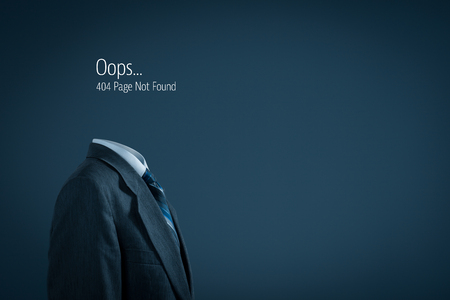 Http 404 error not found page template concept. Error page 404 message and businessperson leaving page.の写真素材
