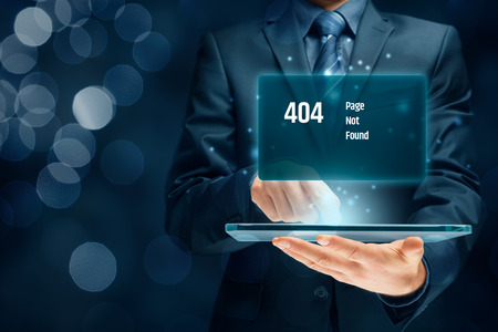Http 404 error not found page template concept. Error page 404 message and businessperson with digital tablet.の写真素材